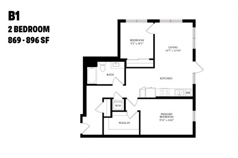 Floor plan for 2 beds, 2 baths, 990 sqft
